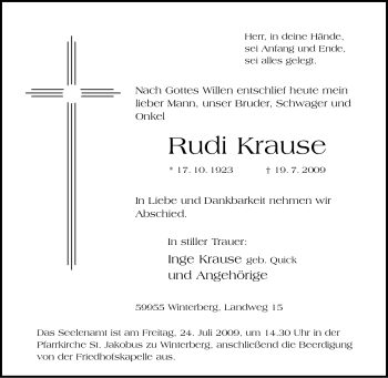 Traueranzeige von Rudi Krause von Tageszeitung