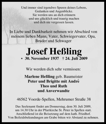 Traueranzeige von Josef Heßling von Tageszeitung
