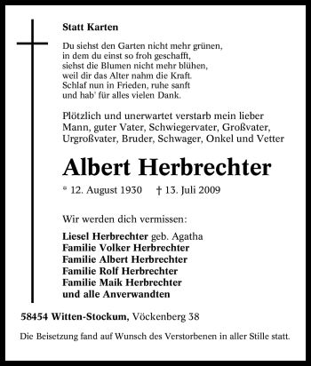 Traueranzeige von Albert Herbrechter von Tageszeitung
