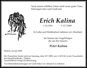 Traueranzeige von Erich Kalina von Tageszeitung