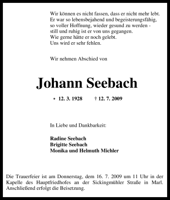 Traueranzeige von Johann Seebach von Tageszeitung