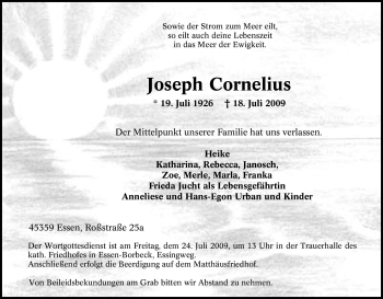 Traueranzeigen von Joseph Cornelius TrauerinNRW.de