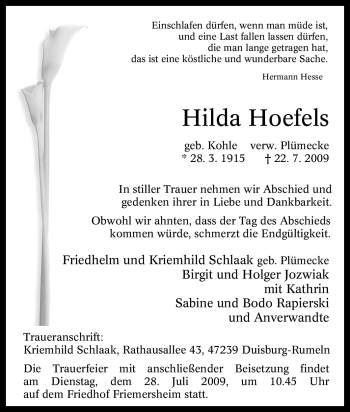 Traueranzeige von Hilda Hoefels von Tageszeitung