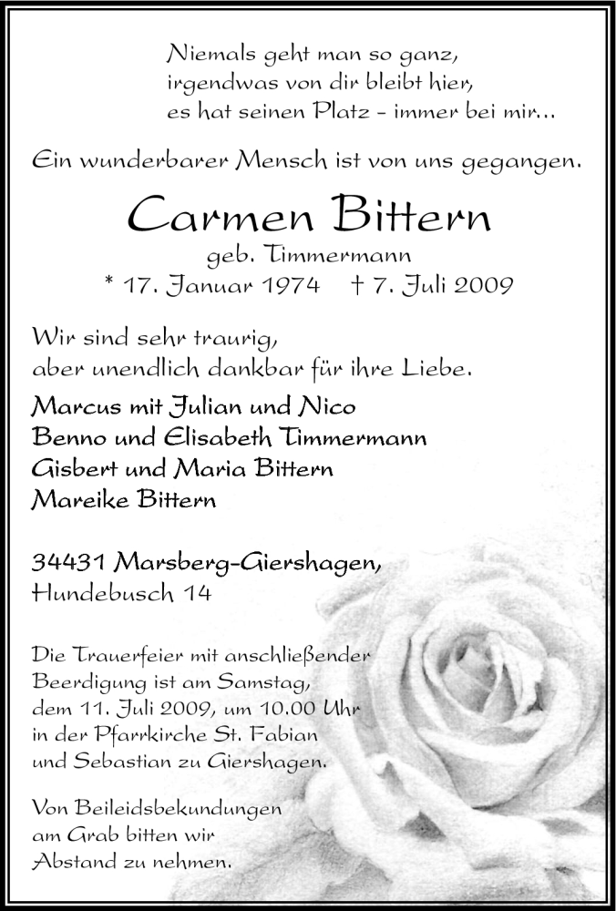  Traueranzeige für Carmen Bittern vom 09.07.2009 aus Tageszeitung
