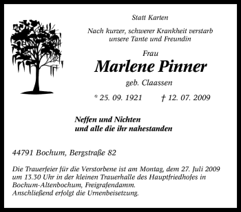 Traueranzeige von Marlene Pinner von Tageszeitung