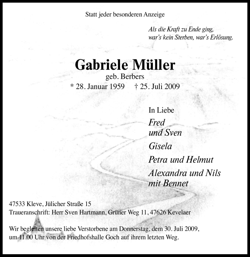  Traueranzeige für Gabriele Müller vom 29.07.2009 aus Tageszeitung