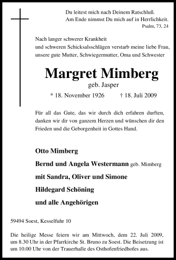Traueranzeige von Margret Mimberg von Tageszeitung