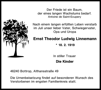 Traueranzeige von Ernst Theodor Ludwig Linnemann von Tageszeitung