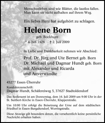 Traueranzeige von Helene Born von Tageszeitung