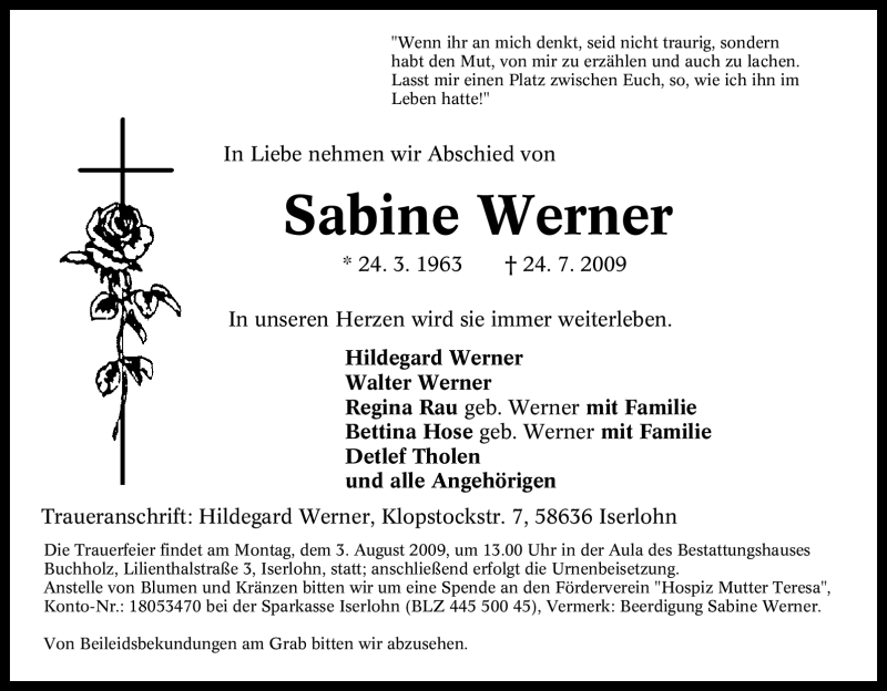 Traueranzeigen von Sabine Werner TrauerinNRW.de