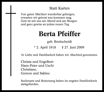 Traueranzeige von Berta Pfeiffer von Tageszeitung