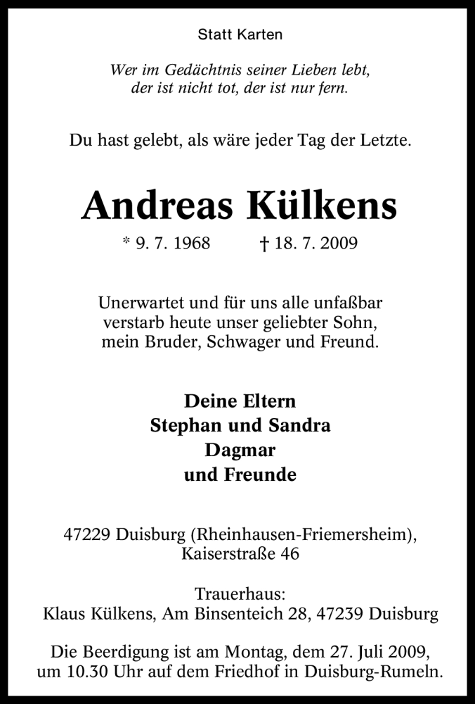  Traueranzeige für Andreas Külkens vom 24.07.2009 aus Tageszeitung