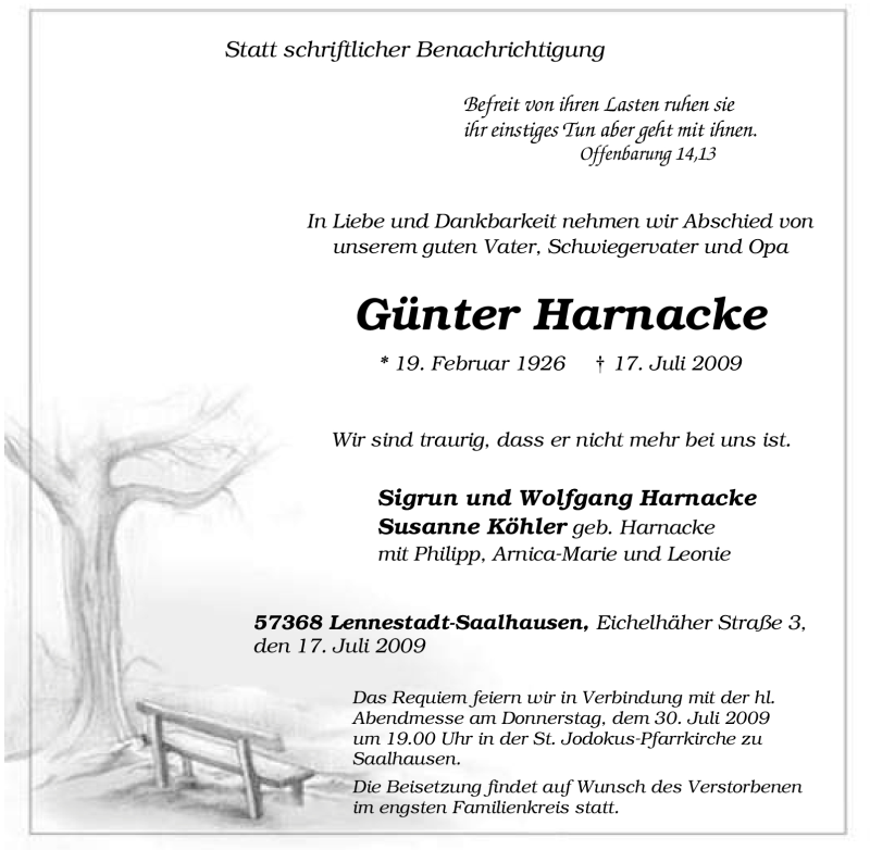  Traueranzeige für Günter Harnacke vom 27.07.2009 aus Tageszeitung