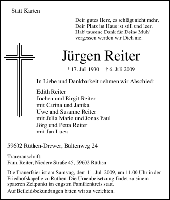 Traueranzeige von Jürgen Reiter von Tageszeitung