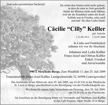 Traueranzeige von Cäcilie Keßler von Tageszeitung
