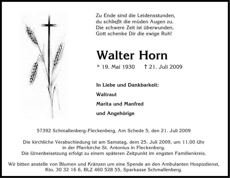  Traueranzeige für Walter Horn vom 23.07.2009 aus Tageszeitung