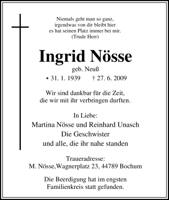 Traueranzeige von Ingrid Nösse von Tageszeitung