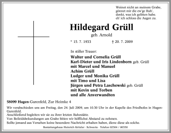 Traueranzeige von Hildegard Grüll von Tageszeitung