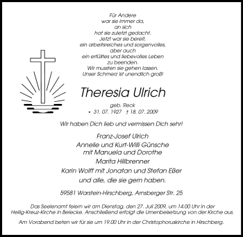 Traueranzeige von Theresia Ulrich von Tageszeitung