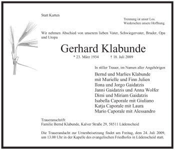 Traueranzeige von Gerhard Klabunde von Tageszeitung