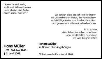 Traueranzeige von Hans Müller von Tageszeitung