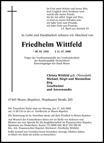 Traueranzeige von Friedhelm Wittfeld von Tageszeitung