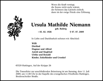 Traueranzeige von Ursula Mathilde Niemann von Tageszeitung