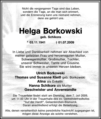 Traueranzeige von Helga Borkowski von Tageszeitung