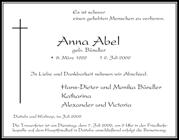 Traueranzeige von Anna Abel von Tageszeitung