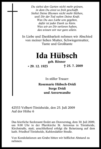 Traueranzeige von Ida Hübsch von Tageszeitung