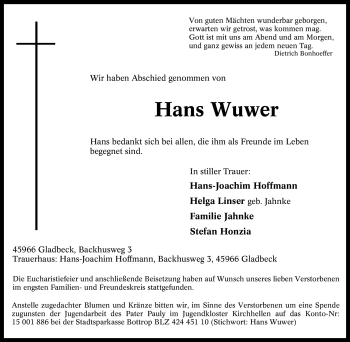 Traueranzeige von Hans Wuwer von Tageszeitung