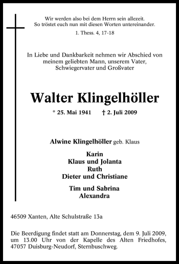 Traueranzeige von Walter Klingelhöller von Tageszeitung