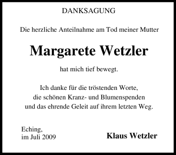 Traueranzeige von Margarete Wetzler von Tageszeitung