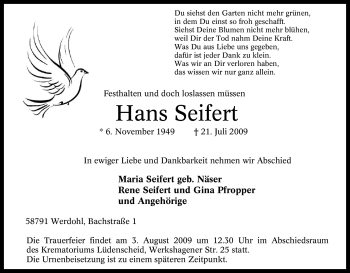 Traueranzeige von Hans Seifert von Tageszeitung