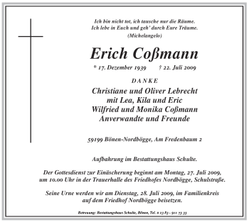 Traueranzeige von Erich Coßmann von Tageszeitung