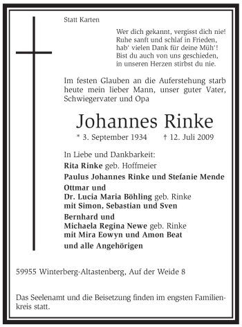 Traueranzeige von Johannes Rinke von Tageszeitung