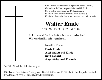 Traueranzeige von Walter Emde von Tageszeitung