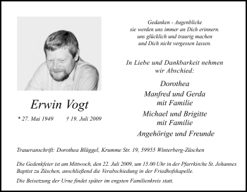 Traueranzeige von Erwin Vogt von Tageszeitung