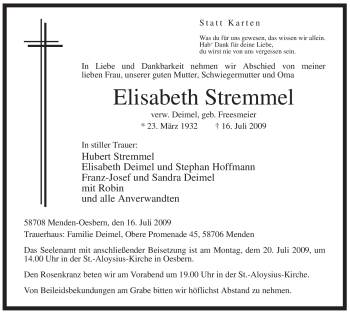 Traueranzeige von Elisabeth Stremmel von Tageszeitung