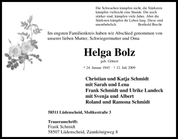 Traueranzeige von Helga Bolz von Tageszeitung