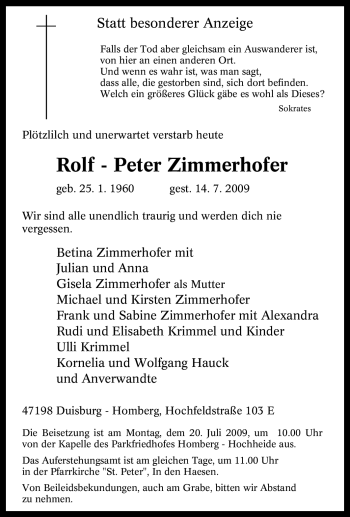 Traueranzeige von Rolf - Peter Zimmerhofer von Tageszeitung