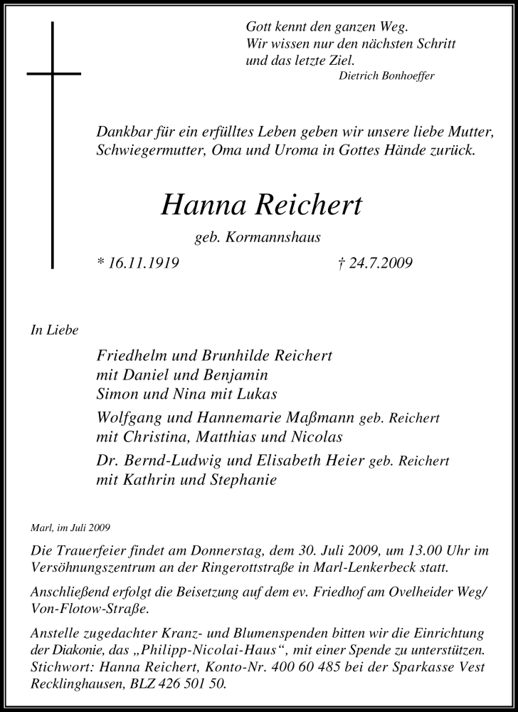  Traueranzeige für Hanna Reichert vom 28.07.2009 aus Tageszeitung