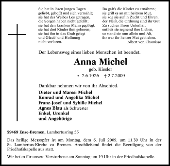 Traueranzeige von Anna Michel von Tageszeitung