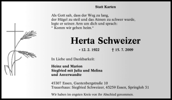 Traueranzeige von Herta Schweizer von Tageszeitung
