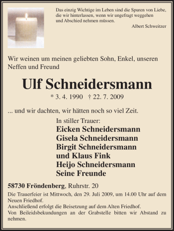 Traueranzeige von Ulf Schneidersmann von Tageszeitung