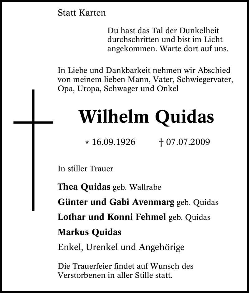  Traueranzeige für Wilhelm Quidas vom 09.07.2009 aus Tageszeitung