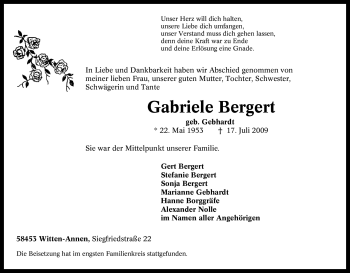 Traueranzeige von Gabriele Bergert von Tageszeitung