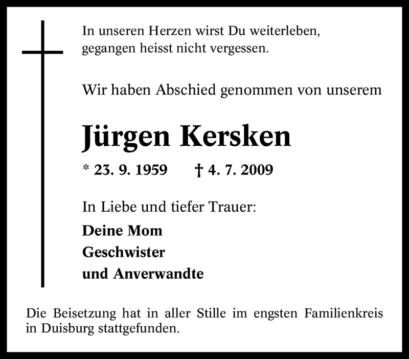  Traueranzeige für Jürgen Kersken vom 09.07.2009 aus Tageszeitung