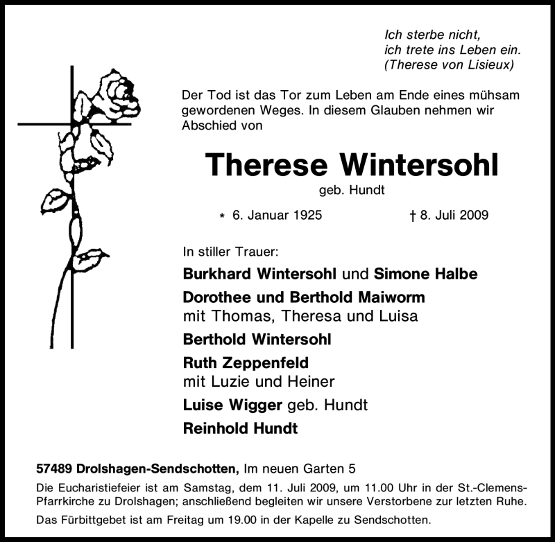  Traueranzeige für Therese Wintersohl vom 10.07.2009 aus Tageszeitung