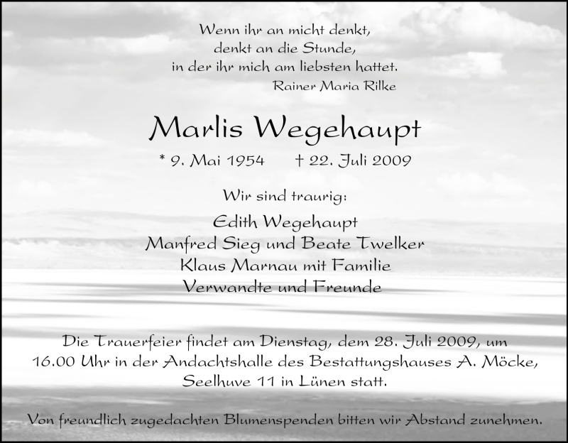  Traueranzeige für Marlis Wegehaupt vom 25.07.2009 aus Tageszeitung